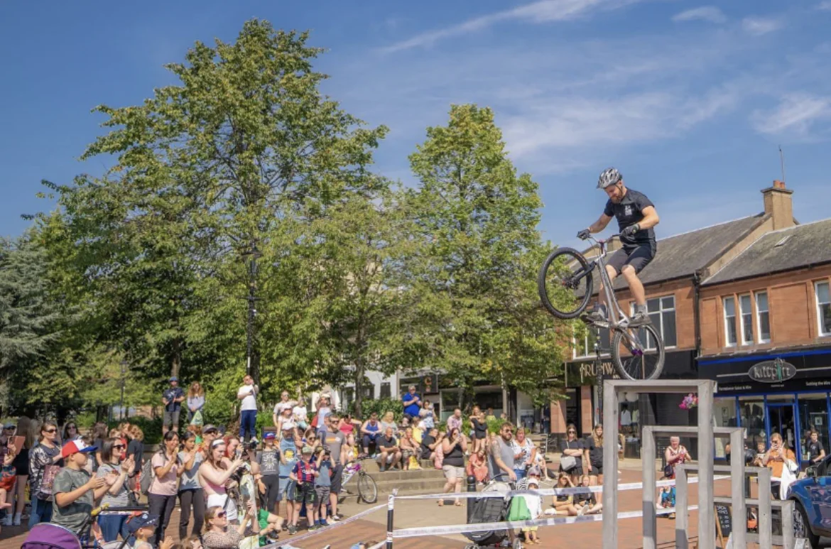 3SIXTY mountain bike stunt display in a busy town centre
